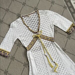 Vintage Nougat London White Crochet Dress with Gold and Purple Accents